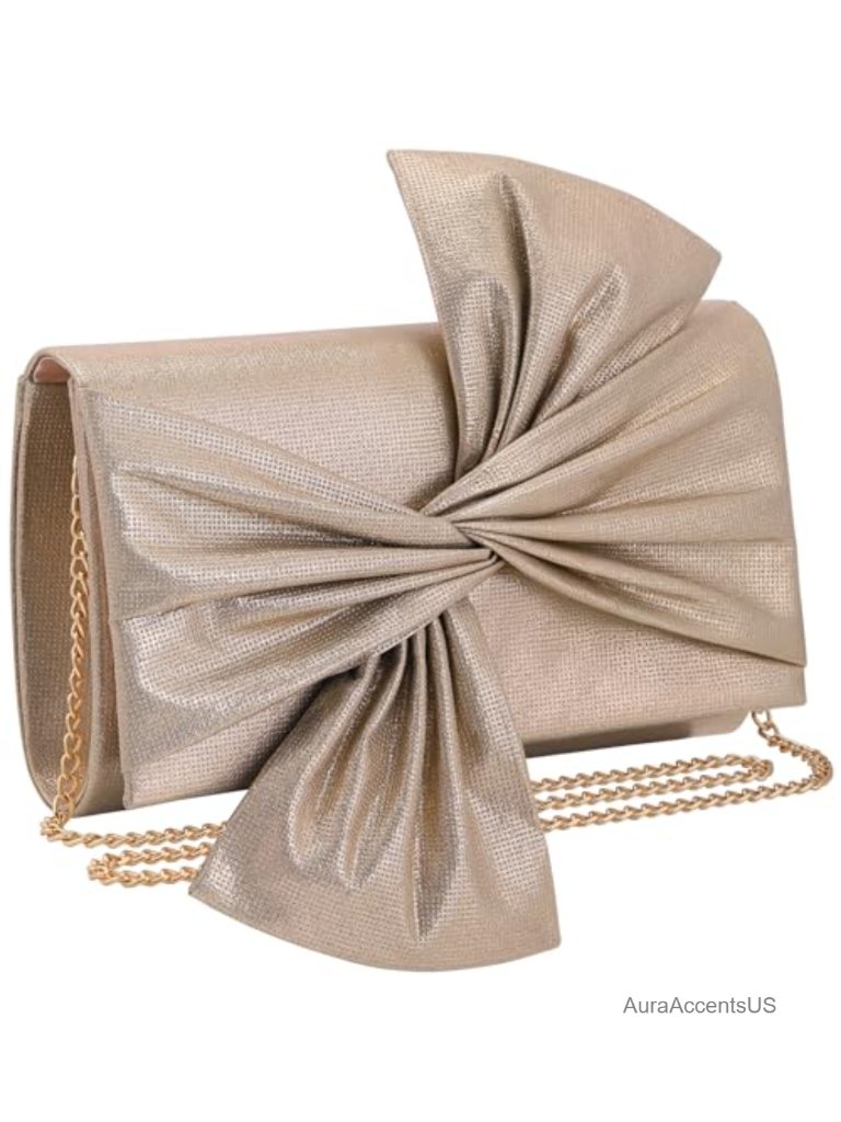 Satin Bow Clutch Bag Evening Handbag With Detachable Chain Strap